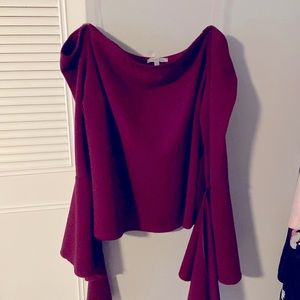 Burgundy, XL soft, off the shoulder neckline and long mesh bell sleeves